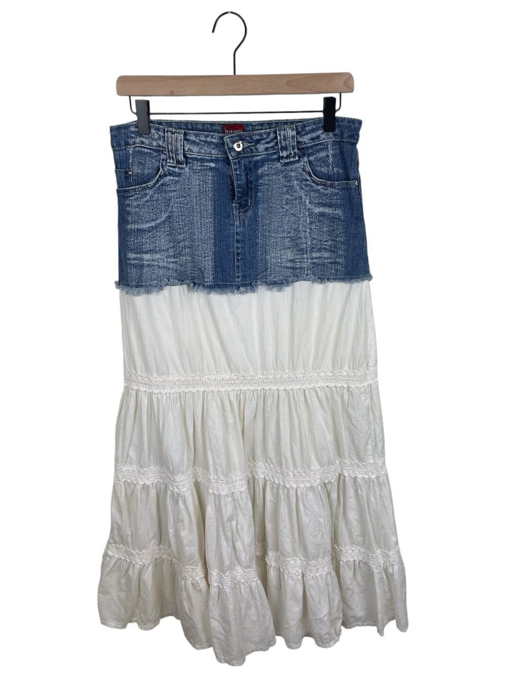 Vintage Paradise Skirt Denim White Tiered Maxi Size Large Cotton Western Prairie